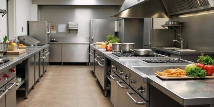 Unbranded commercial kitchen displaying strict food safety compliance and restaurant pest management standards in South East Queensland.